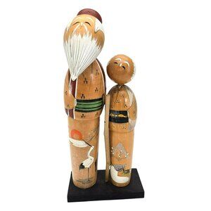Japanese Kokeshi Wooden Dolls on Stand Grandfather and Grandaughter Crane JE381